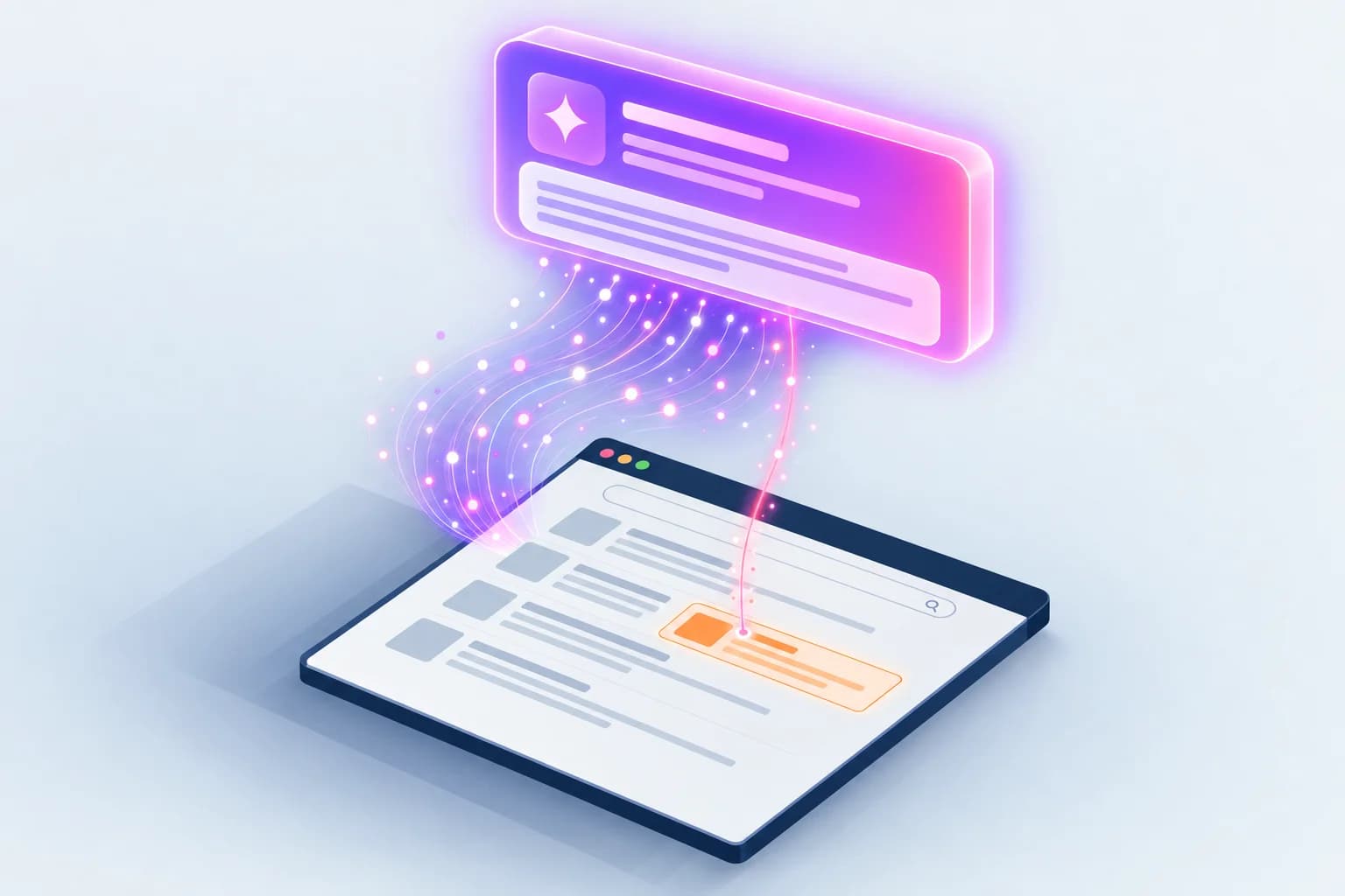 Illustration isométrique d'un flux lumineux de clics qui se détourne d'une page de résultats de recherche pour remonter vers un encadré de réponse générée par IA flottant au-dessus