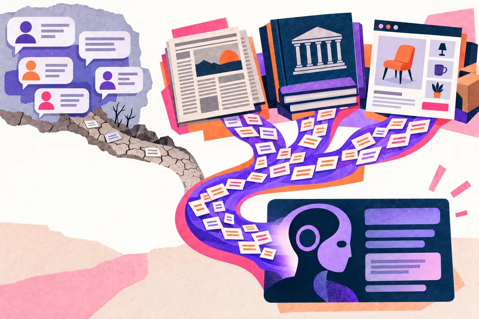 Illustration d'un flux de citations qui se détourne de fils de discussion de forum, désormais asséchés, vers la presse, une encyclopédie et des pages produit, avant d'alimenter une réponse d'IA
