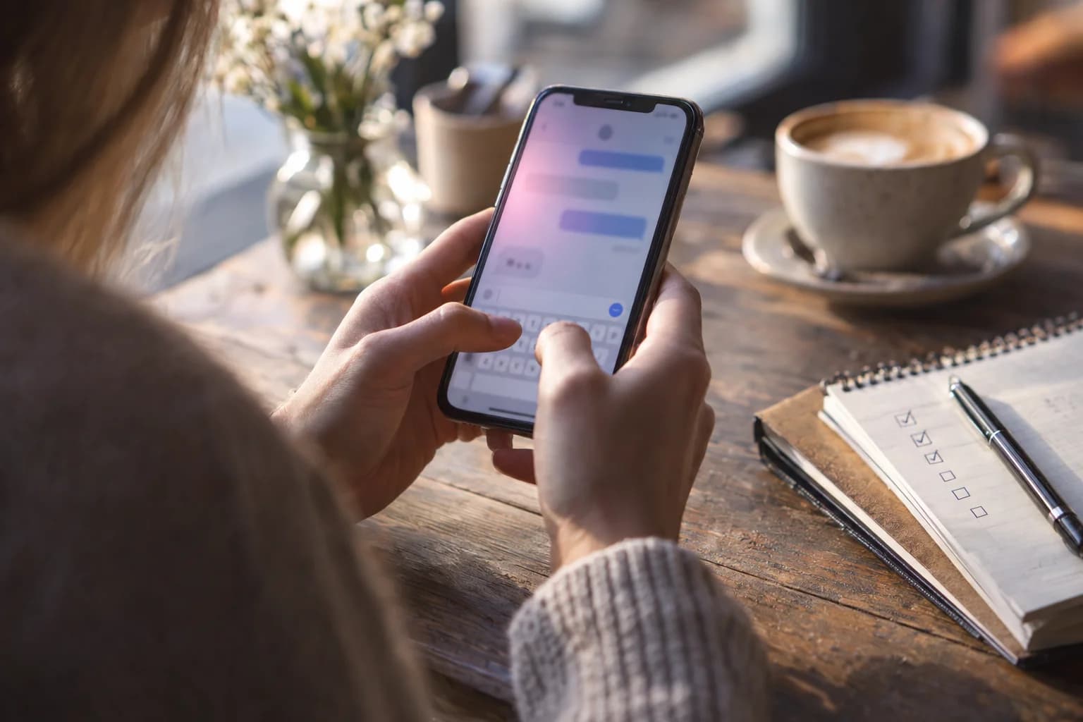 Gros plan sur des mains tenant un smartphone affichant une conversation de chat floutée, posé sur une table en bois à côté d'un carnet avec une liste de cases à cocher