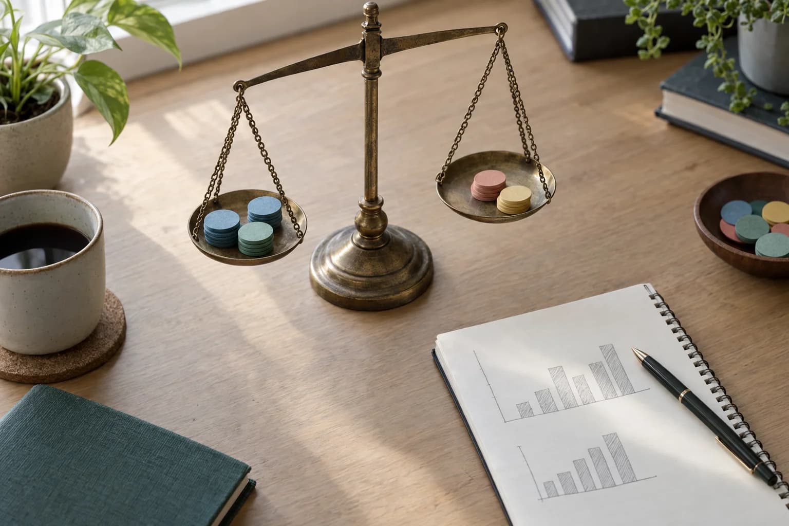Balance ancienne en laiton posée sur un bureau, avec des jetons colorés sur chaque plateau et un carnet de graphiques à côté
