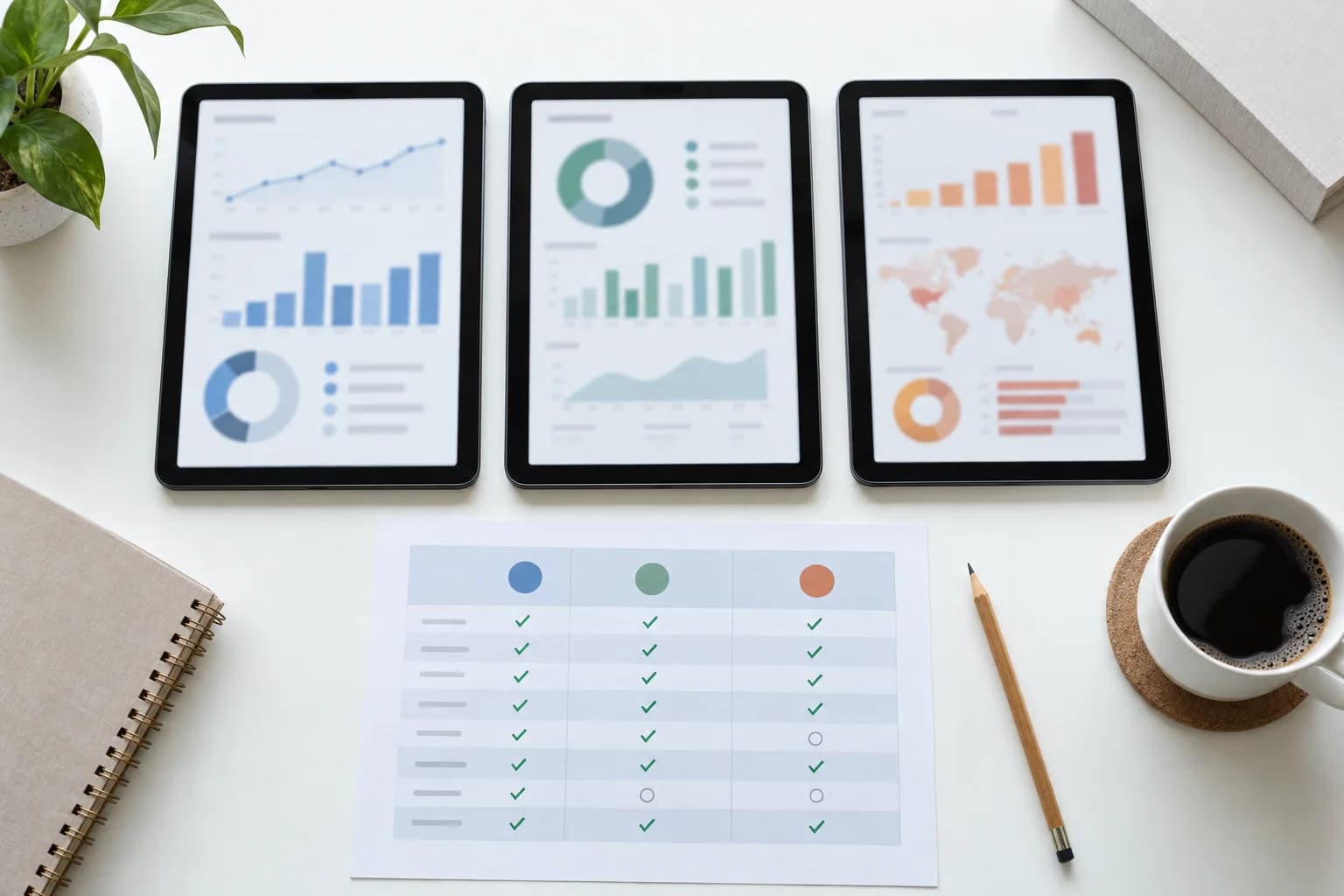Trois tablettes affichant des tableaux de bord analytiques différents, au-dessus d'une grille comparative cochée