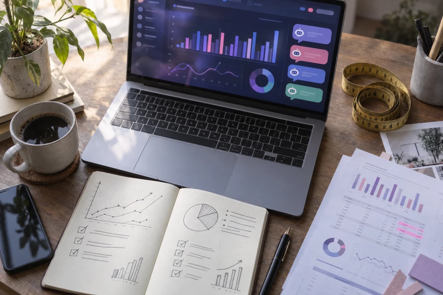 Vue de dessus d'un bureau de travail avec un ordinateur portable affichant un tableau de bord analytique et des bulles de conversation colorées, un mètre ruban, un carnet avec des graphiques dessinés à la main et des feuilles imprimées couvertes de chiffres