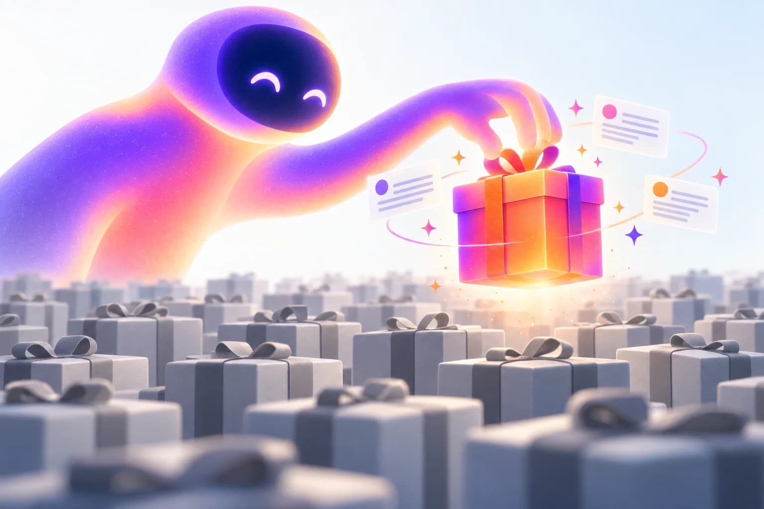 Illustration d'une silhouette d'IA lumineuse qui choisit une boîte colorée au milieu d'une foule de boîtes grises identiques