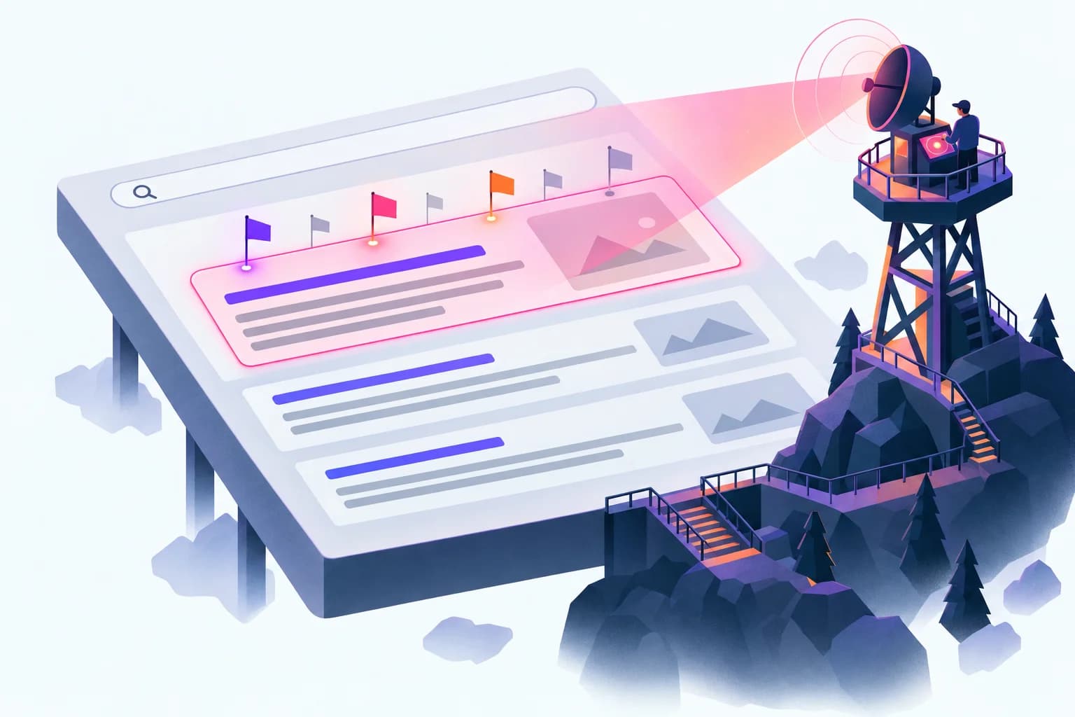 Illustration isométrique d'une tour d'observation dont le radar balaie l'encadré de synthèse d'une page de résultats, où sont plantés des drapeaux de marques