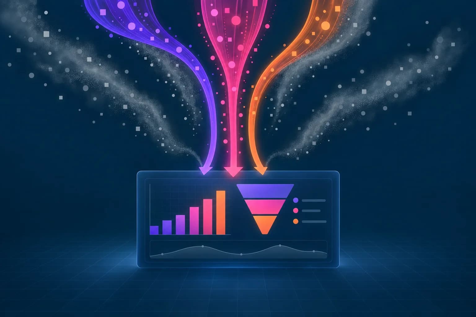 Illustration conceptuelle de flux lumineux violet, rose et orange qui descendent vers un tableau de bord analytique, une partie des flux se dissolvant en fumée grise avant d'atteindre le tableau de bord
