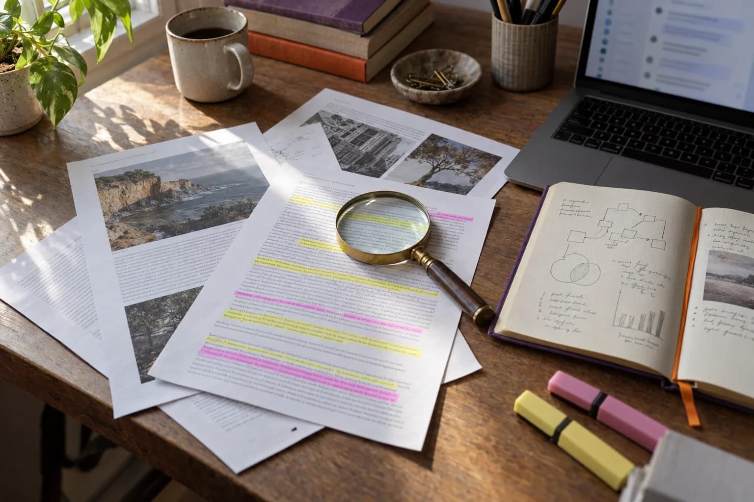 Vue en plongée d'un bureau en bois avec des pages imprimées surlignées en jaune et rose, une loupe posée sur le texte, un carnet ouvert avec des schémas manuscrits et un ordinateur portable affichant une interface de conversation floutée